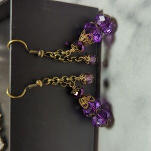 Bronze Antiques Vintage Dangle Purple Color Glass Earrings